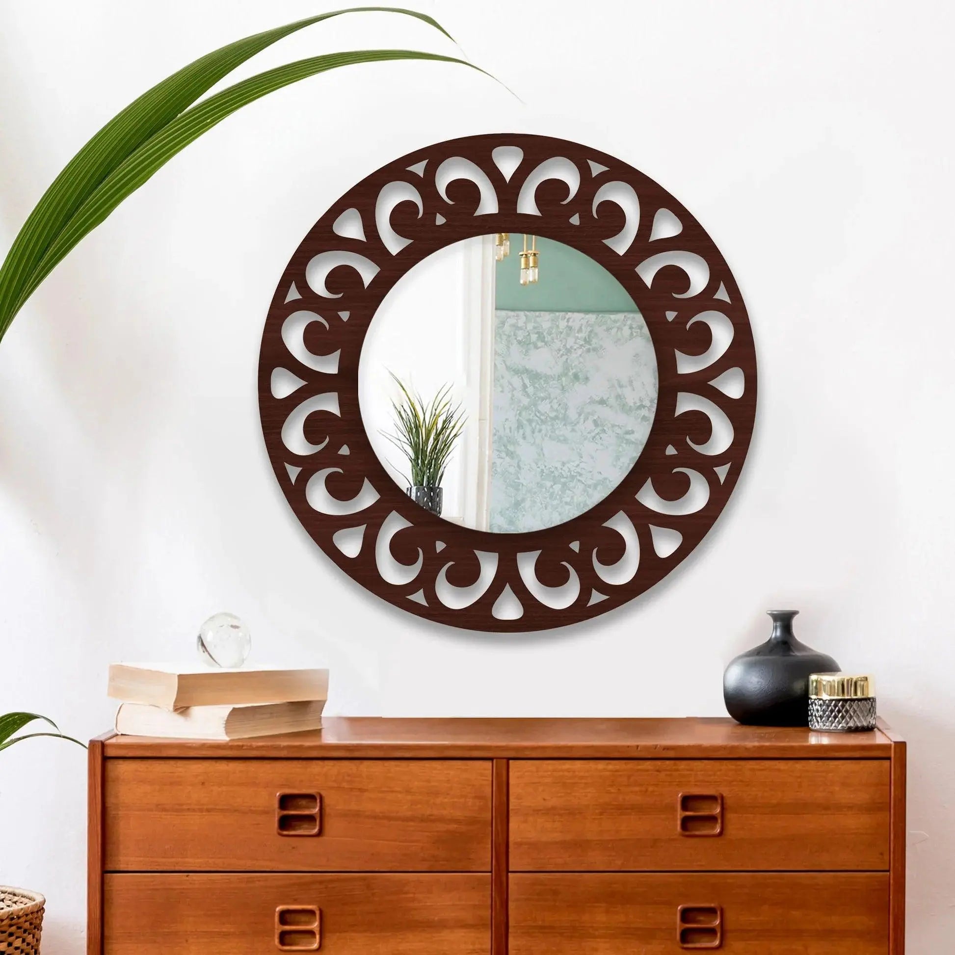 Traditional Style Floral Art Wooden Wall Mirror - Decor Mantra 