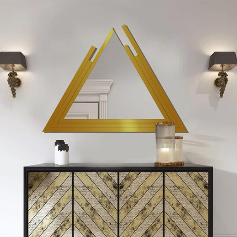 Triangle Shape Stylish Wooden Wall Mirror With Gold Texture - Decor Mantra 