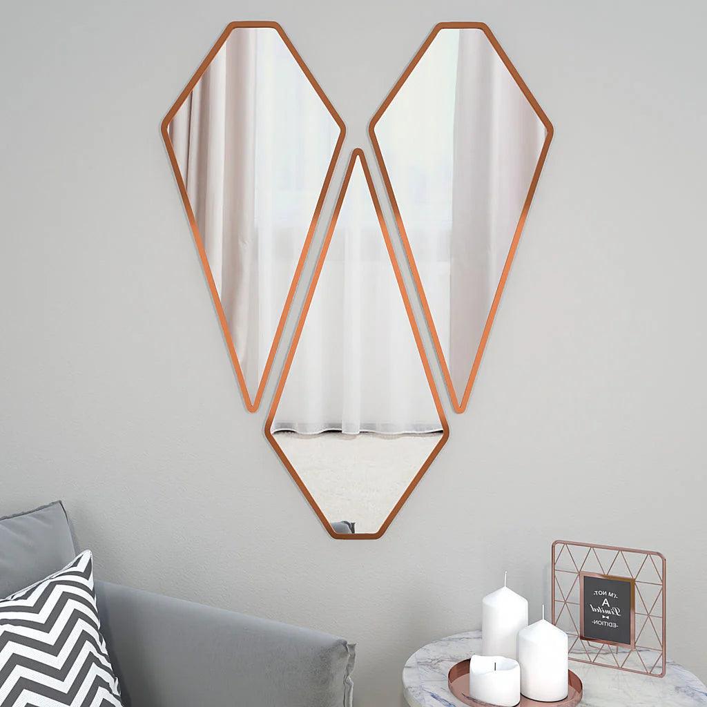 Tringle Shape Diamond Cut Copper Finish Vanity Mirrors Set Of 3 - Decor Mantra 