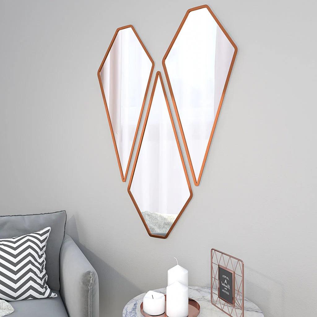 Tringle Shape Diamond Cut Copper Finish Vanity Mirrors Set Of 3 - Decor Mantra 