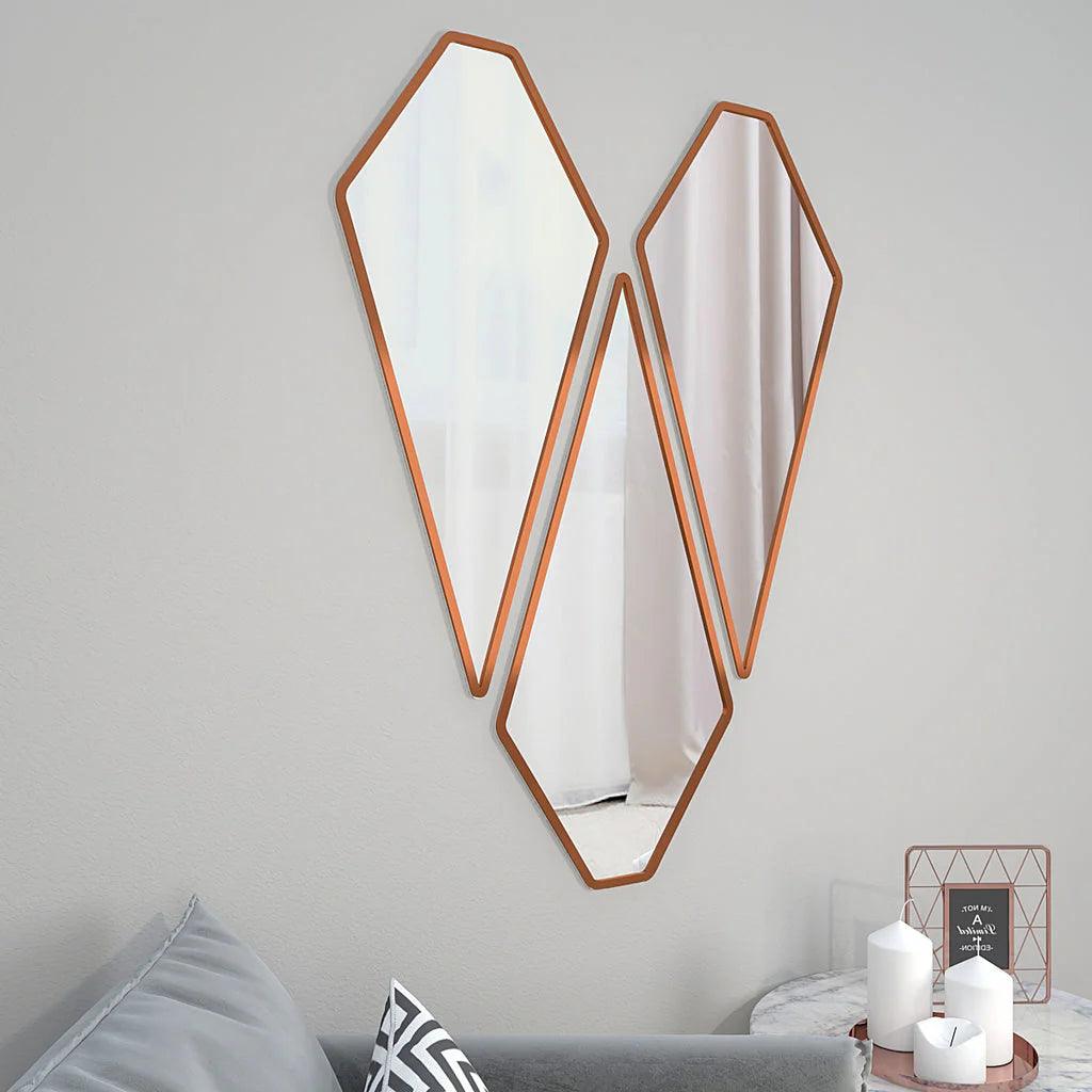 Tringle Shape Diamond Cut Copper Finish Vanity Mirrors Set Of 3 - Decor Mantra 