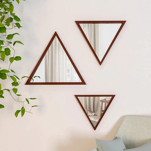 Modern Design Triangular Look Set of 3 Wooden Decorative Wall Mirror ( White / Brown Finish ) - Decor Mantra 