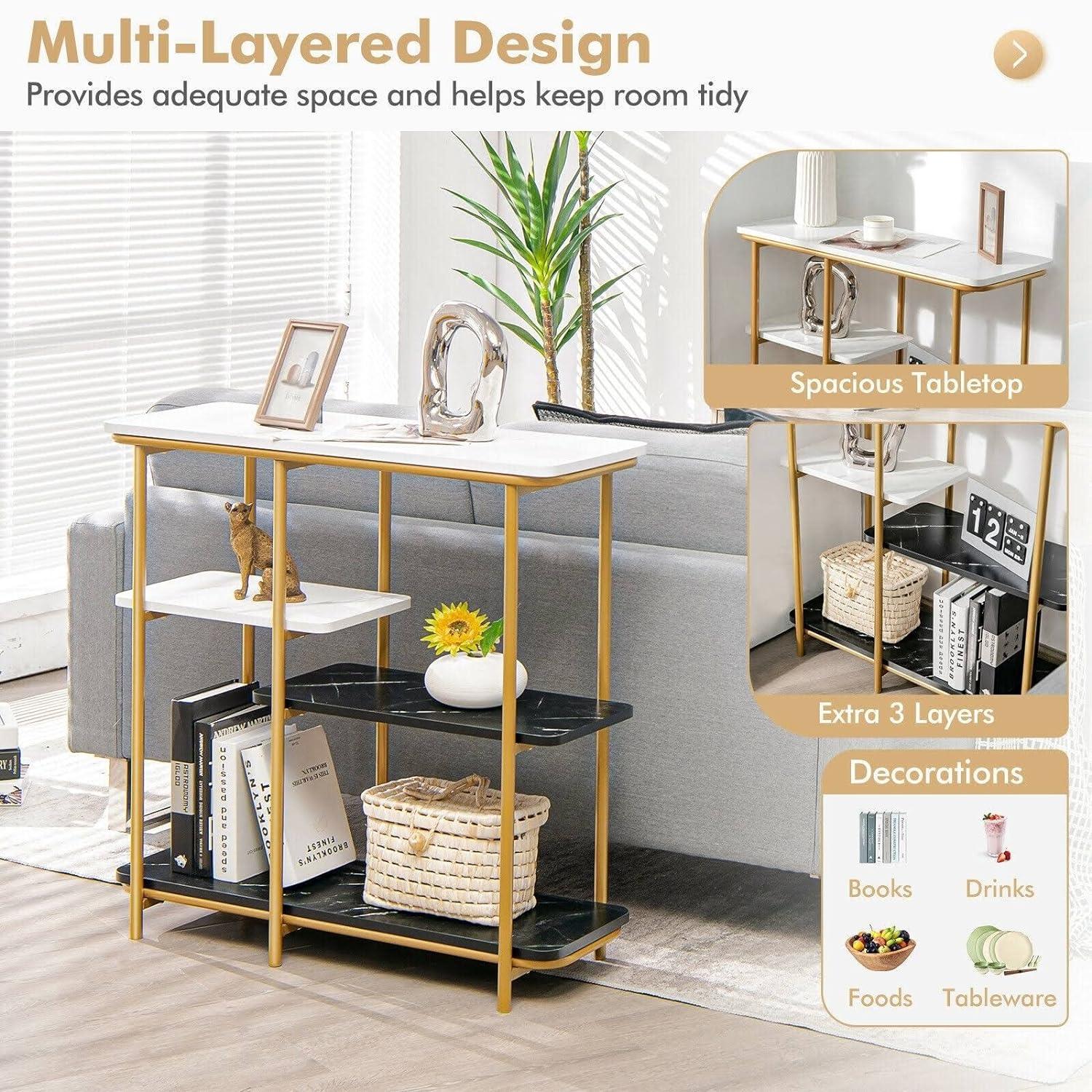 Two Different Colored Surfaces Four-Tier White & Black Marble Gold Console Table - Decor Mantra 