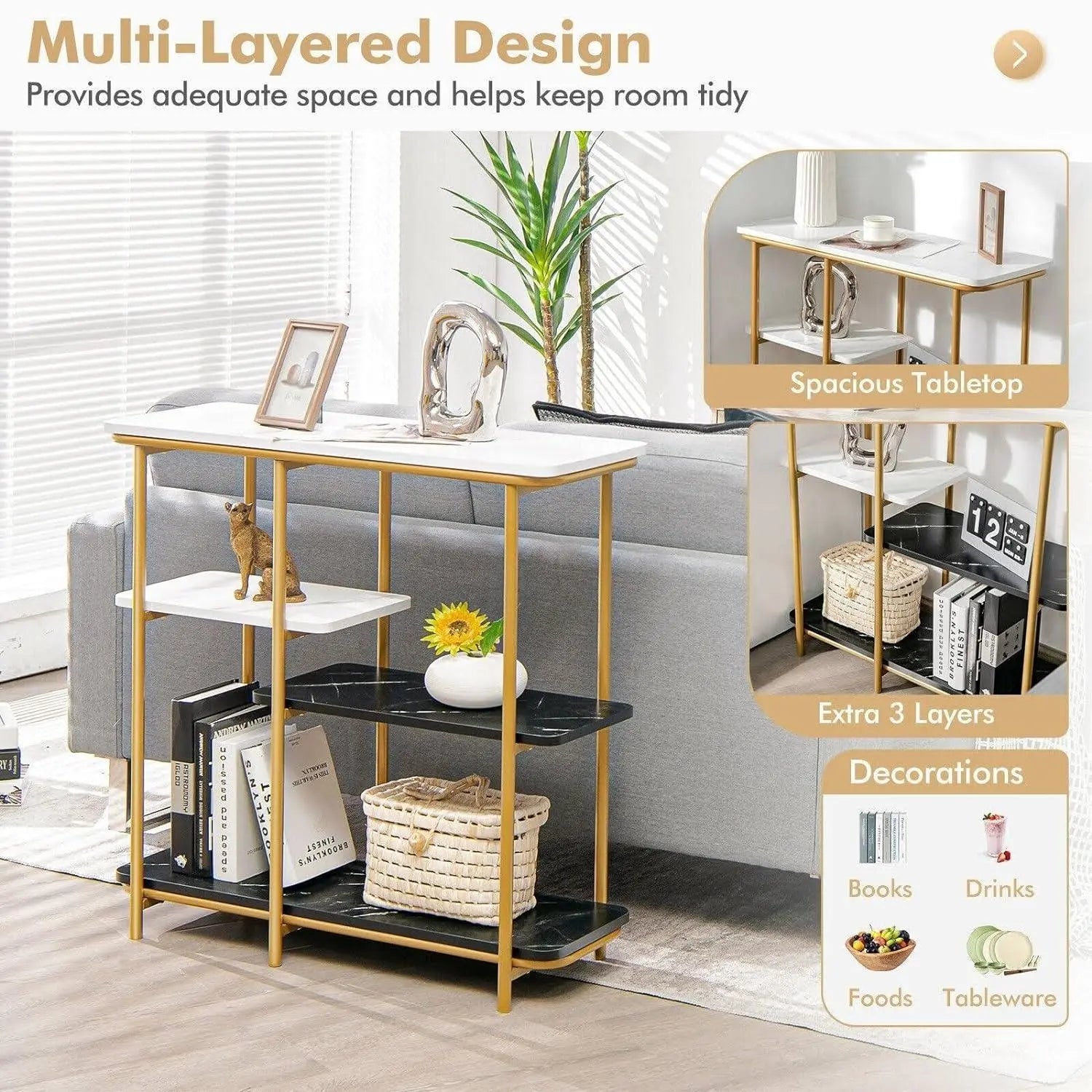 Two Different Colored Surfaces Four-Tier White & Black Marble Gold Console Table - Decor Mantra 