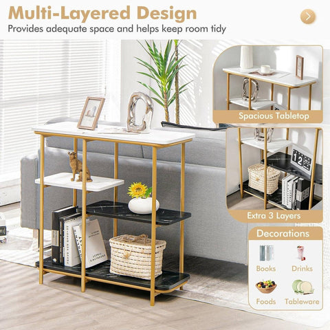Two Different Colored Surfaces Four-Tier White & Black Marble Gold Console Table - Decor Mantra 