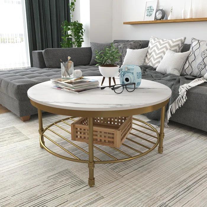 Two Tier Round Coffee Table with White Marble - Decor Mantra 
