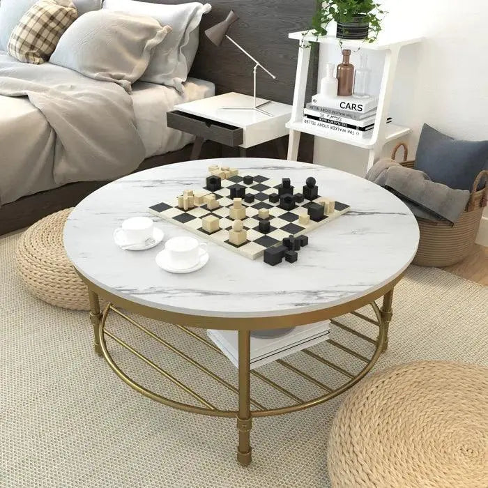 Two Tier Round Coffee Table with White Marble - Decor Mantra 