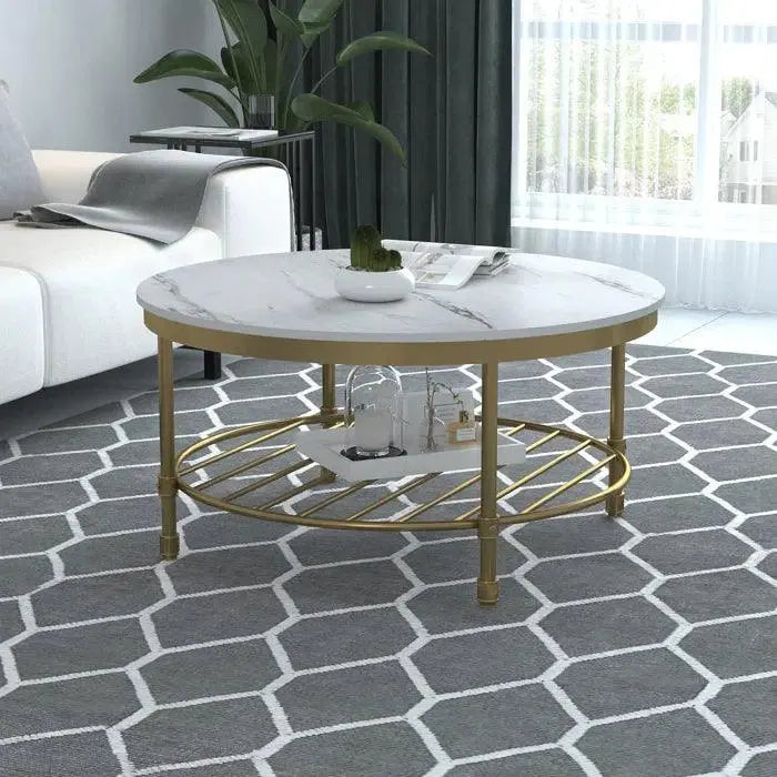 Two Tier Round Coffee Table with White Marble - Decor Mantra 