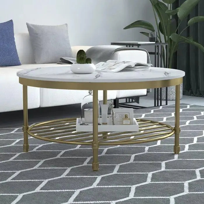 Two Tier Round Coffee Table with White Marble - Decor Mantra 