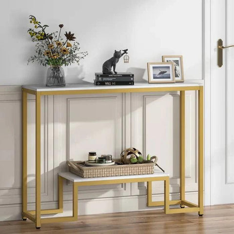 Two-Tier White Marble Gold Console Table - Decor Mantra 
