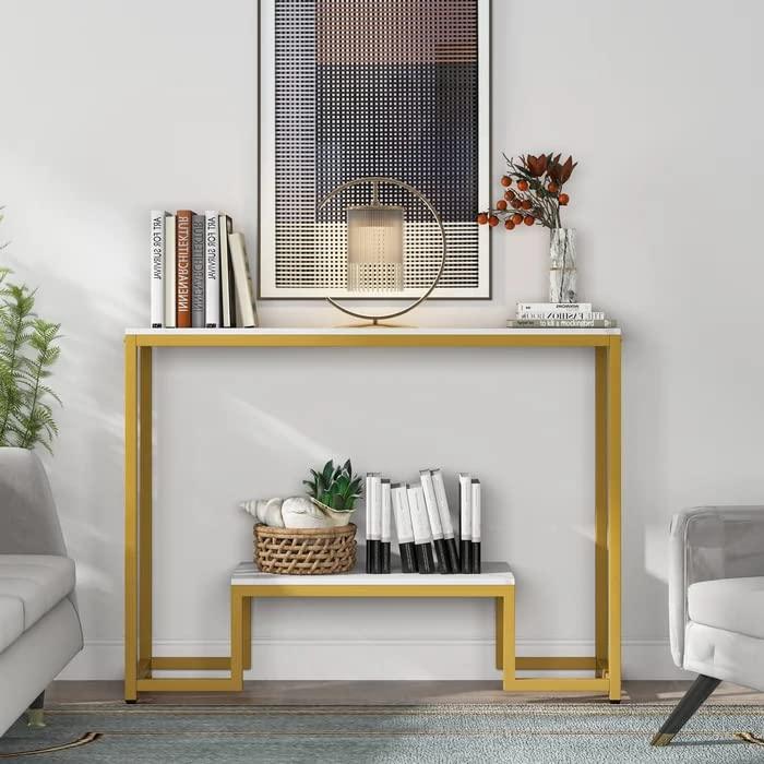 Two-Tier White Marble Gold Console Table - Decor Mantra 