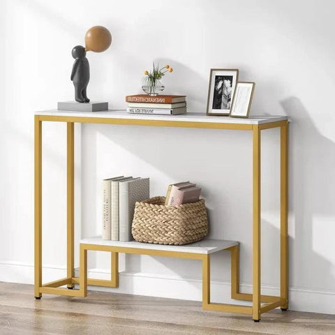 Two-Tier White Marble Gold Console Table - Decor Mantra 