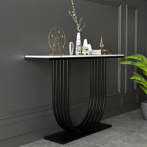 U-Shape White Marble Black Console Table - Decor Mantra 