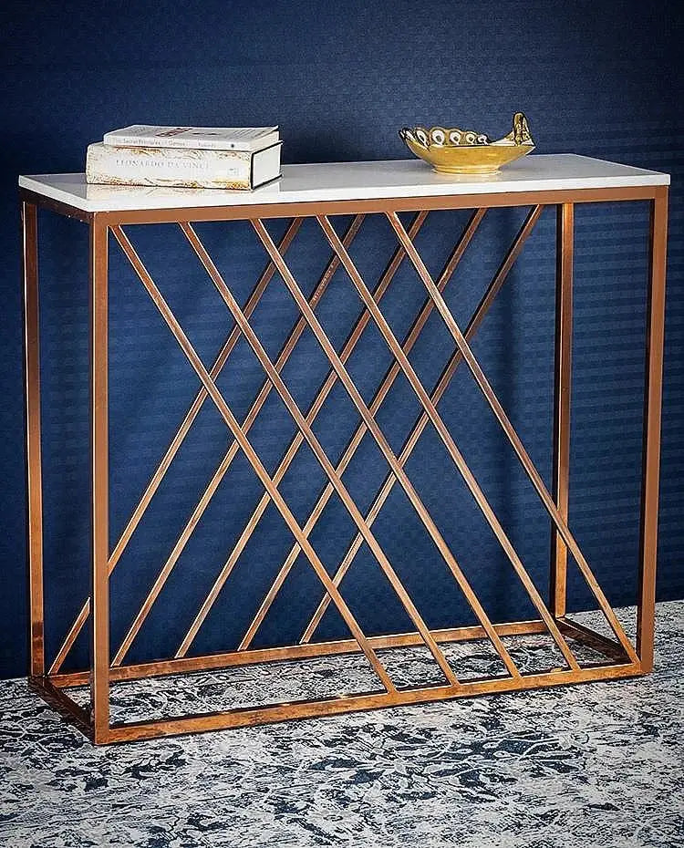 Unique Pattern Console Table with Copper Metal Finish Decor Mantra