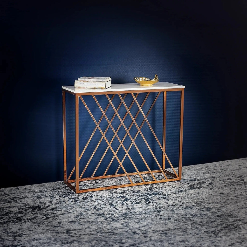 Unique Pattern Console Table with Copper Metal Finish Decor Mantra
