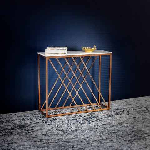 Unique Pattern Console Table with Copper Metal Finish