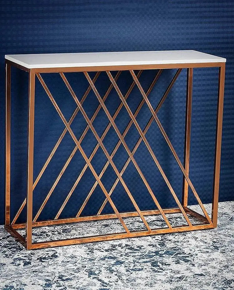 Unique Pattern Console Table with Copper Metal Finish Decor Mantra