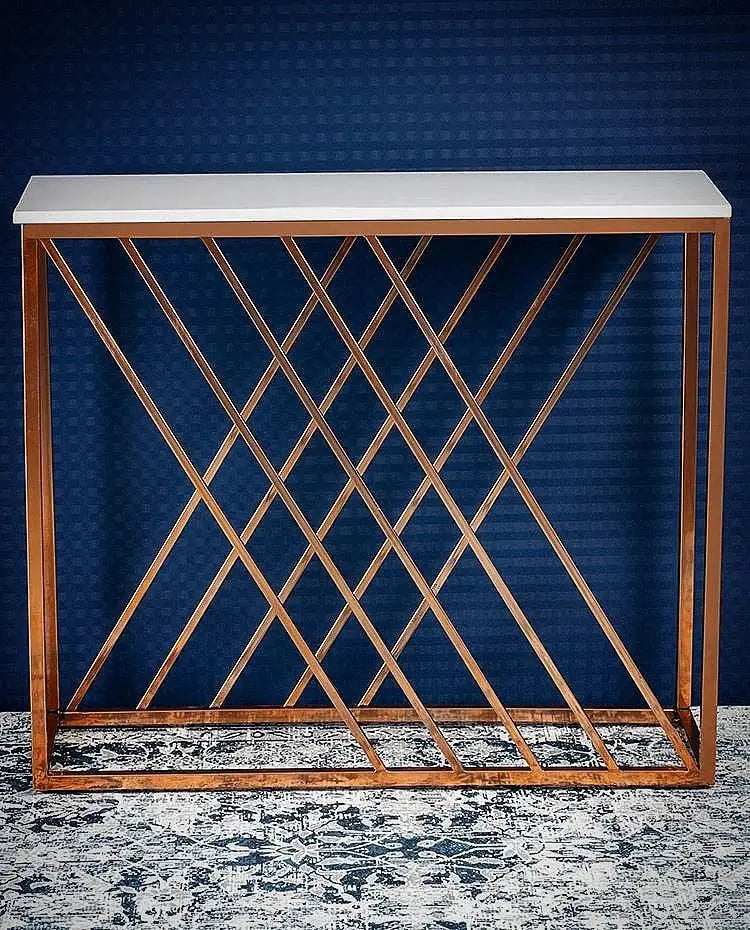 Unique Pattern Console Table with Copper Metal Finish Decor Mantra