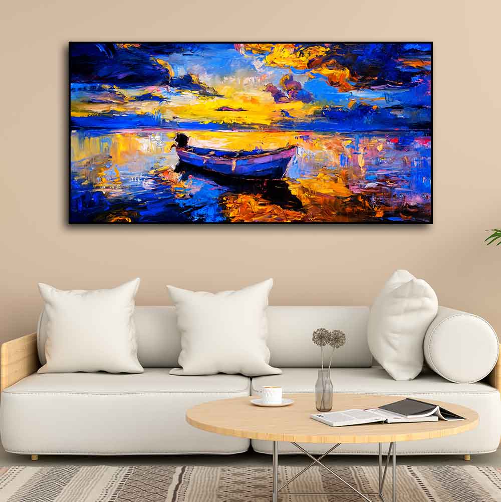 Wall Canvas Painting of Boat Sunset Over Ocean Harshita Crafts
