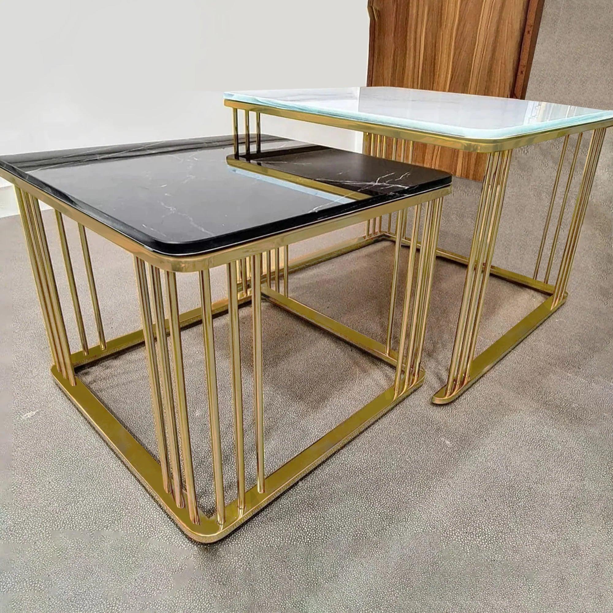 White & Black Square Shape Metallic Marble Table Set of 2 - Decor Mantra 