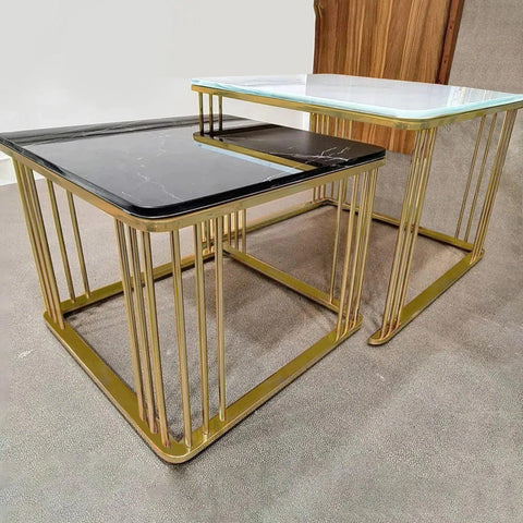 White & Black Square Shape Metallic Marble Table Set of 2 - Decor Mantra 