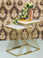 White Marble Golden Iron Stand Side Coffee Table Set of 2 - Decor Mantra 