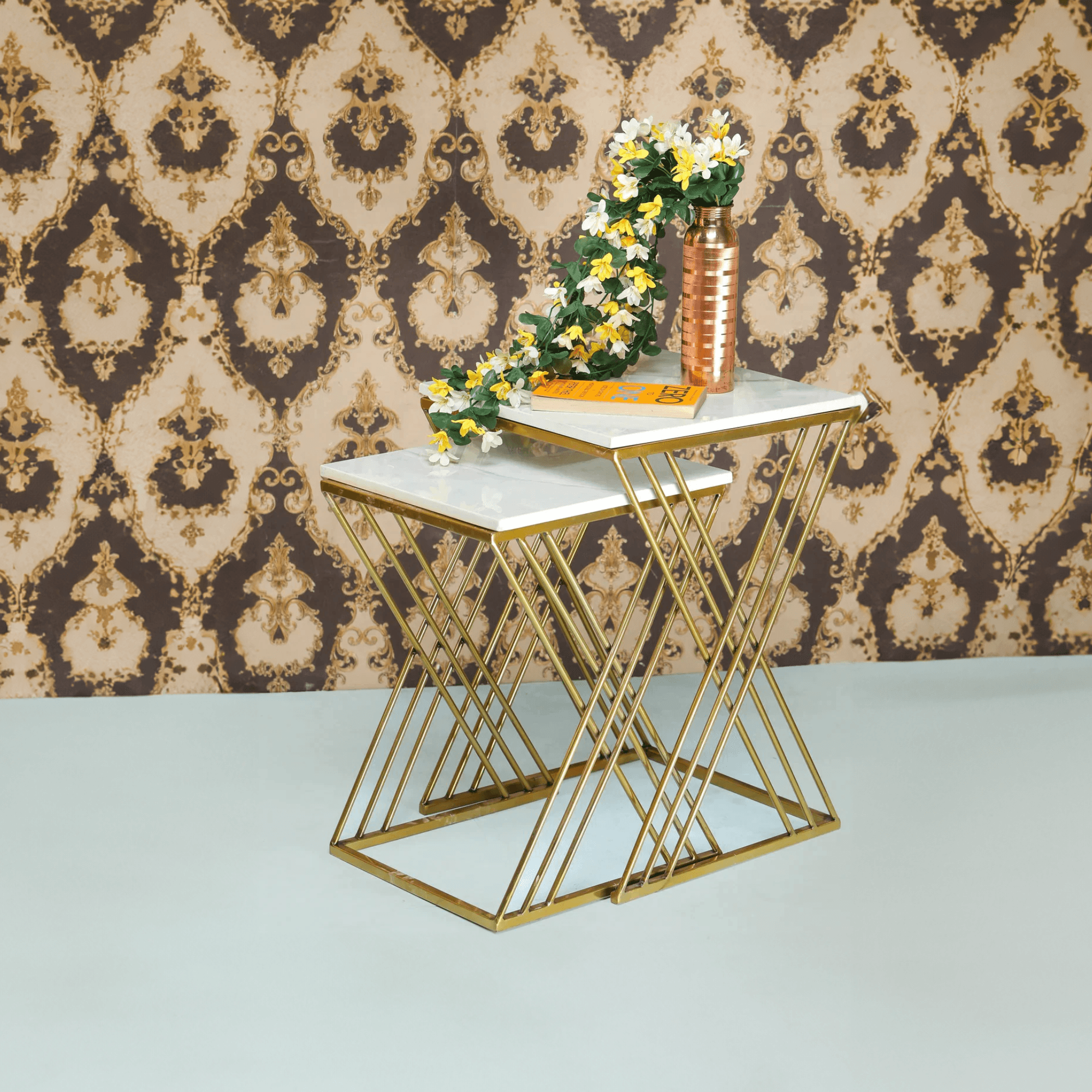 White Marble Golden Iron Stand Side Coffee Table Set of 2 - Decor Mantra 