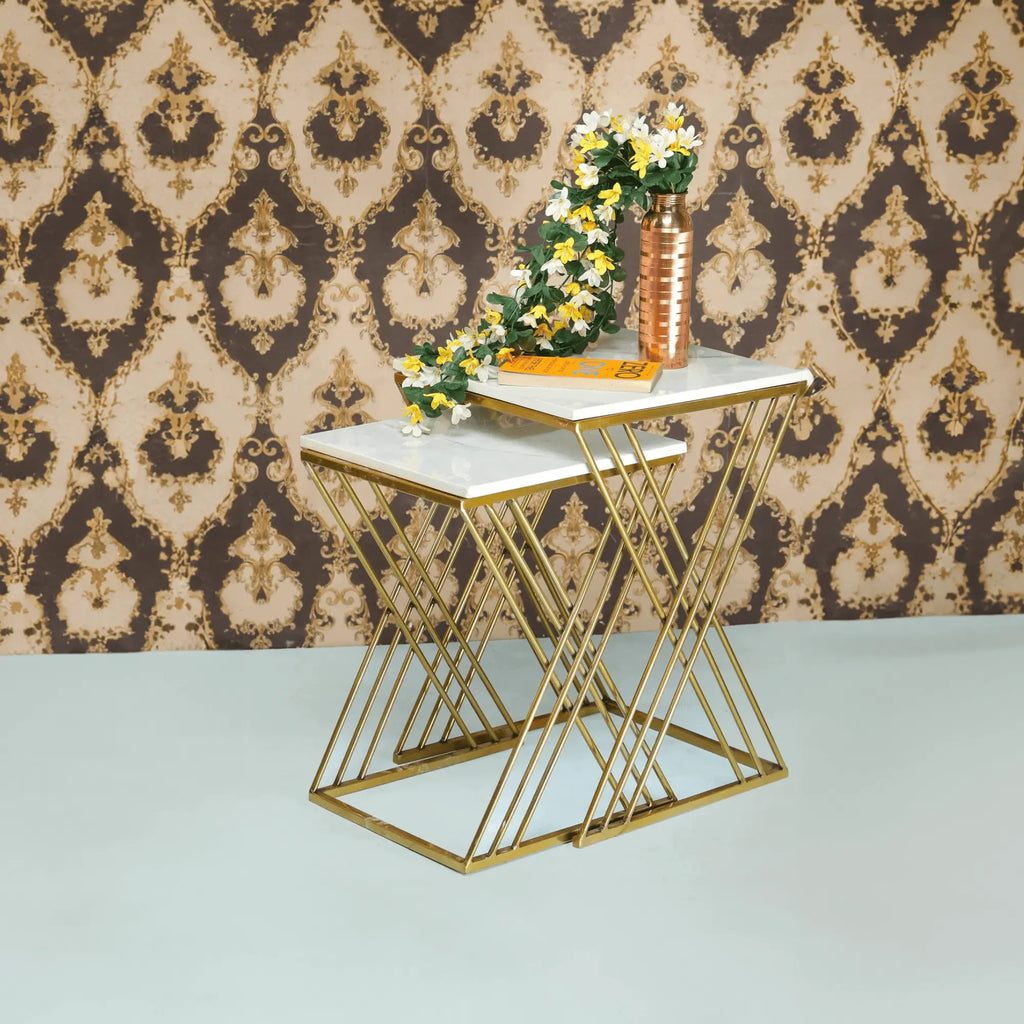 White Marble Golden Iron Stand Side Coffee Table Set of 2 - Decor Mantra 
