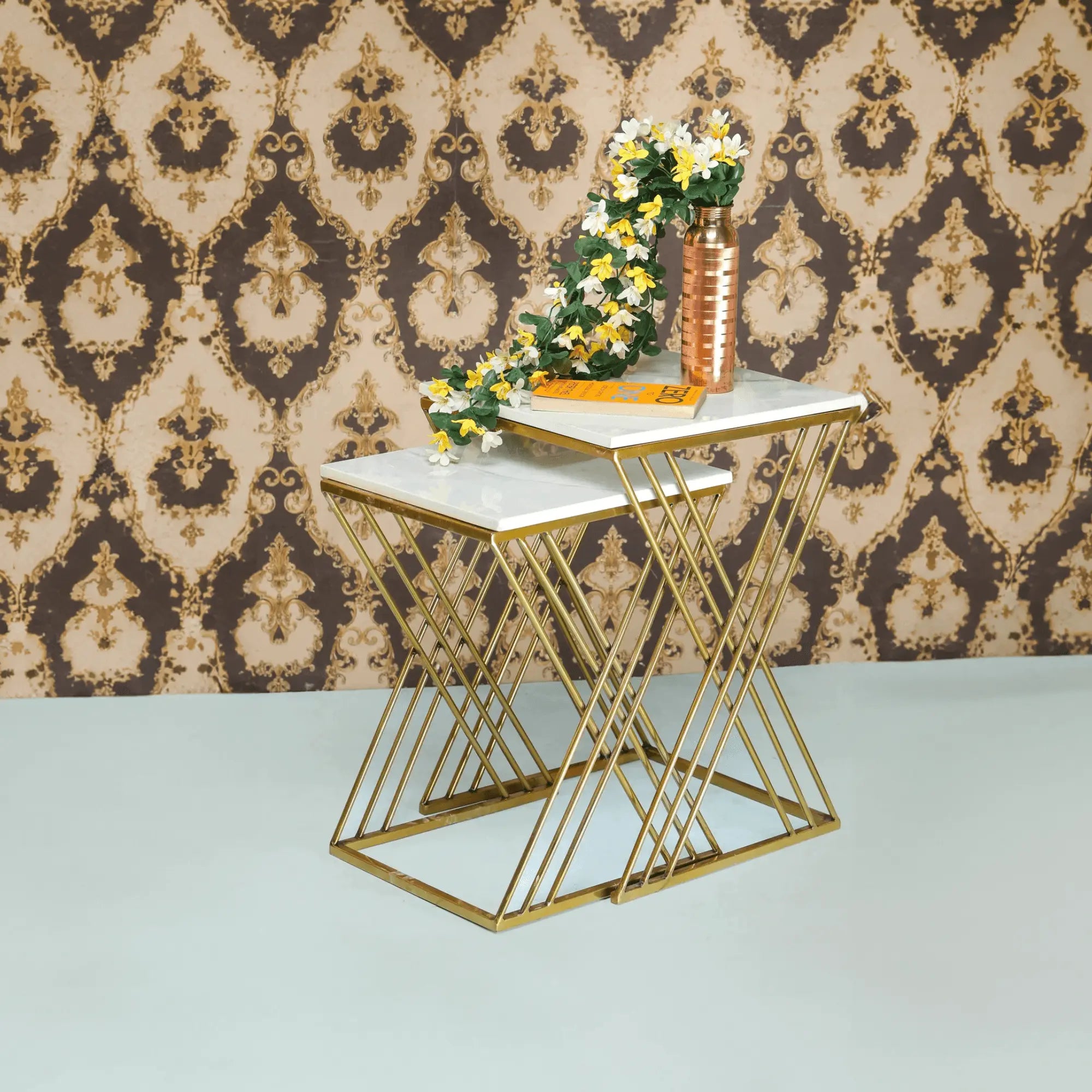 White Marble Golden Iron Stand Side Coffee Table Set of 2 - Decor Mantra 