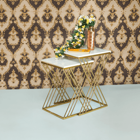 White Marble Golden Iron Stand Side Coffee Table Set of 2 - Decor Mantra 
