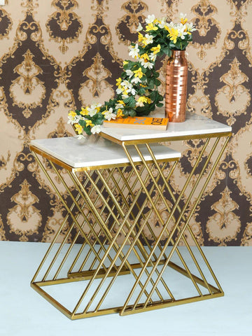 White Marble Golden Iron Stand Side Coffee Table Set of 2 - Decor Mantra 