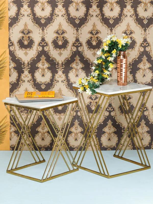 White Marble Golden Iron Stand Side Coffee Table Set of 2 - Decor Mantra 