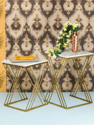 White Marble Golden Iron Stand Side Coffee Table Set of 2 - Decor Mantra 
