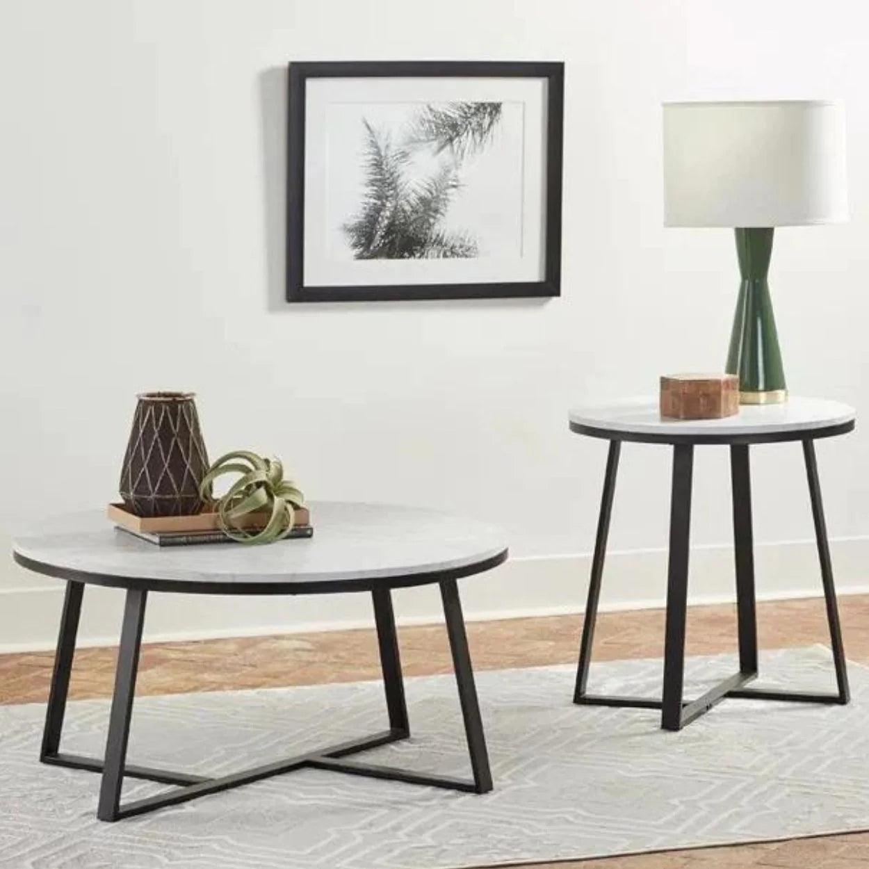 White Marble Round Coffee Table Set of 2 with Faux Marble - Decor Mantra 