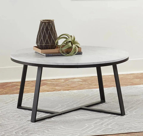 White Marble Round Coffee Table Set of 2 with Faux Marble - Decor Mantra 