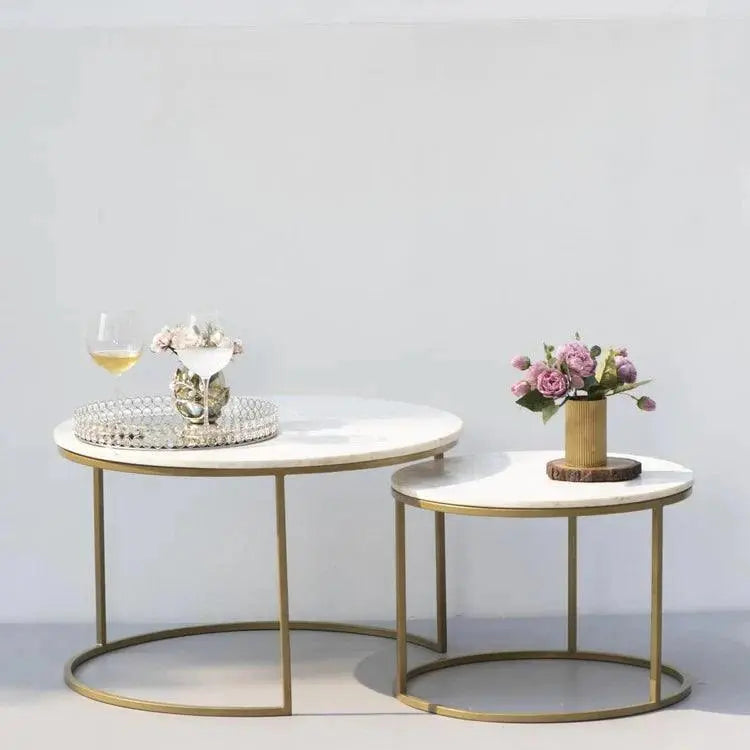 White Marble Round Iron Stand Coffee Tables Set of 2 - Decor Mantra 