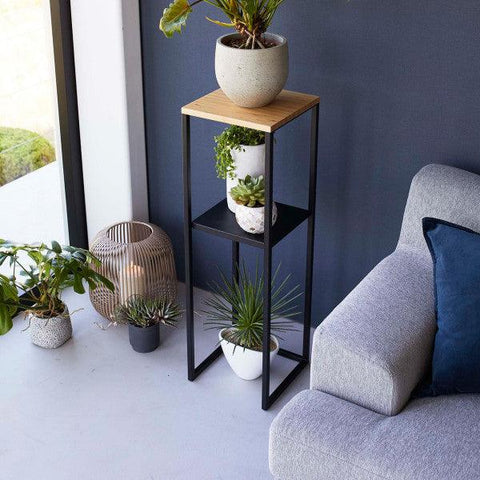 Wood Pedestal 2-Tier Square Shape Black Stand End Side Table - Decor Mantra 