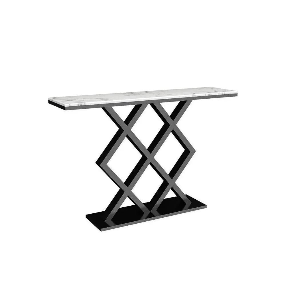 X-Rhombus Black Rectangular With Faux Marble Top Console Table - Decor Mantra 