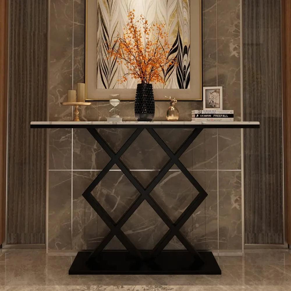 X-Rhombus Black Rectangular With Faux Marble Top Console Table - Decor Mantra 